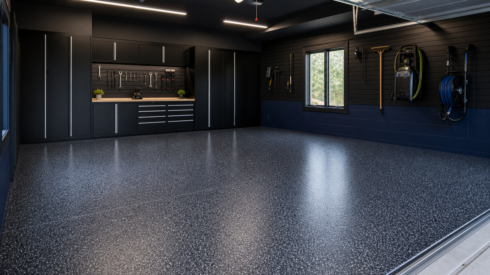Organized garage with black cabinets, pressure washer setup, and blue-gray flake epoxy floor