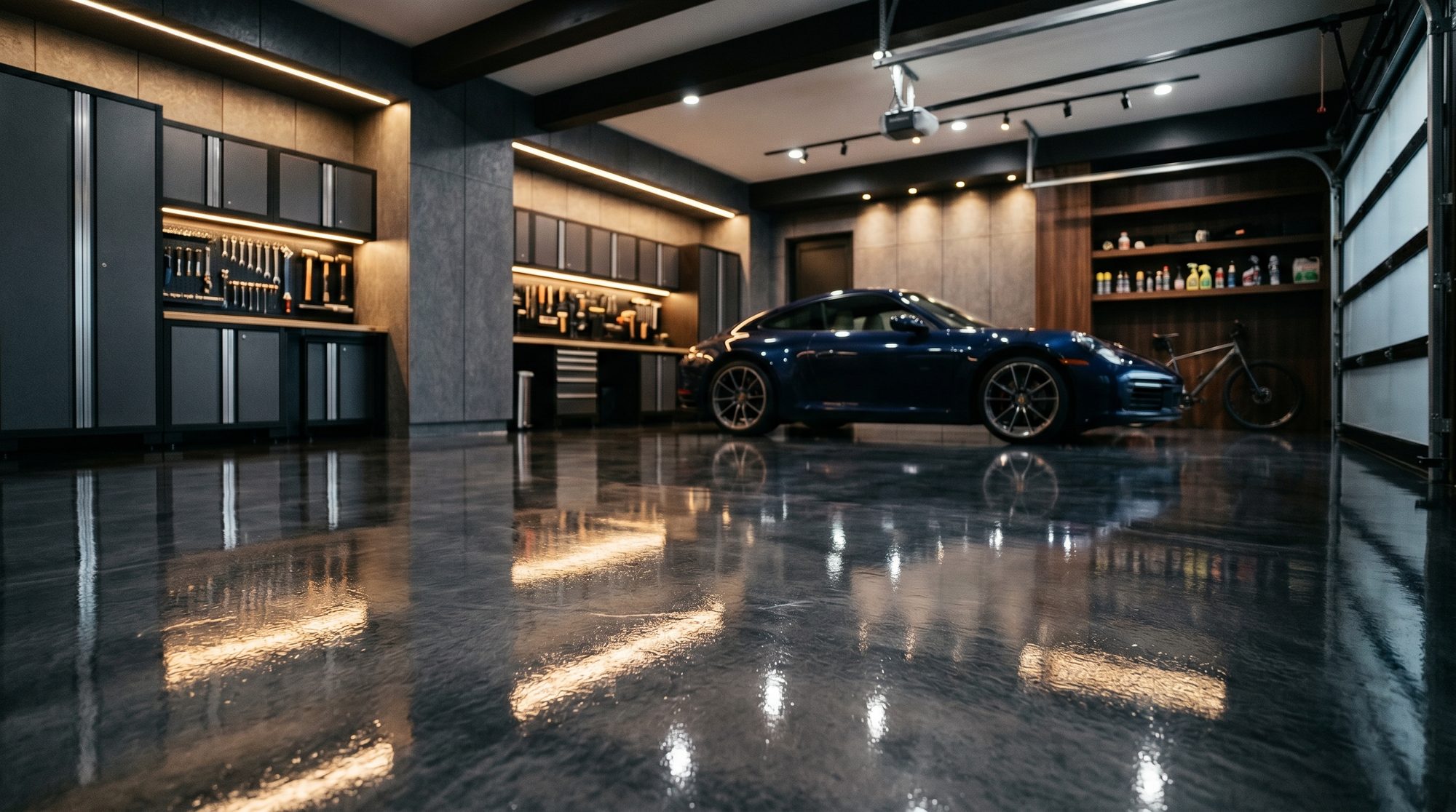 Freshly coated garage floor with a high-gloss finish in a Cedar City garage